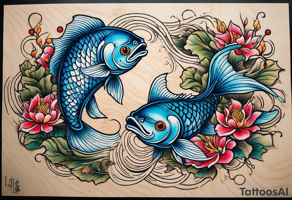 Beautiful coy pisces fish swimming in opposite directions but weighed on the scale of a Libra scale that's balanced out and made of tittered wood and vines tattoo idea