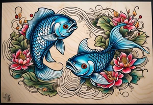 Beautiful coy pisces fish swimming in opposite directions but weighed on the scale of a Libra scale that's balanced out and made of tittered wood and vines tattoo idea