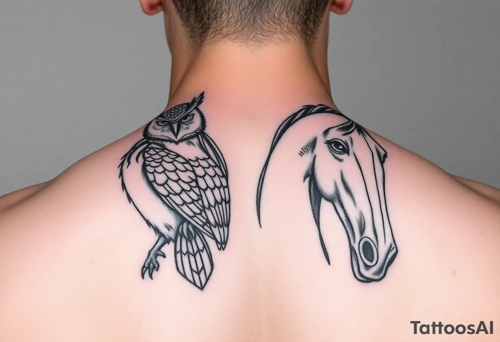 deftone owl and fine line horse tattoo idea
