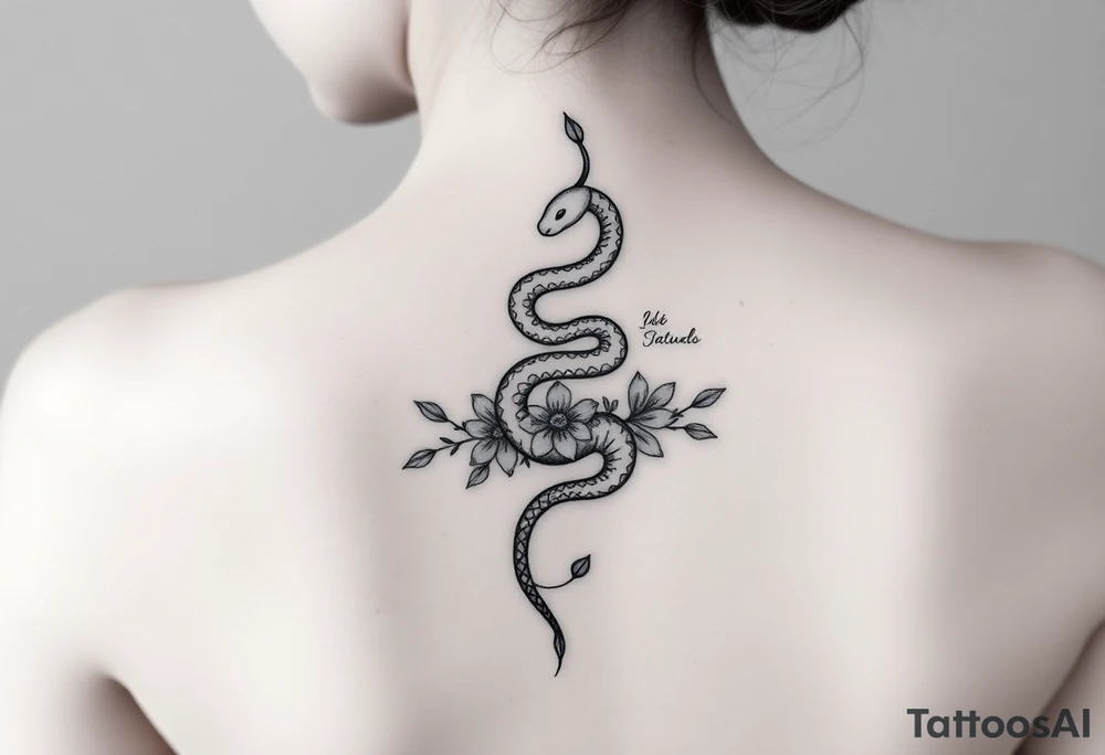 Snake wrapping around the spine with florals tattoo idea