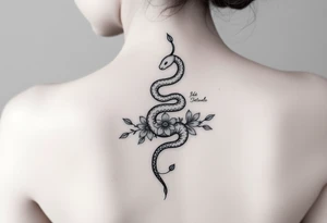Snake wrapping around the spine with florals tattoo idea
