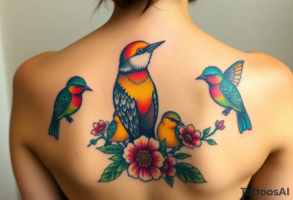 Mom bird and three baby birds with flowers tattoo idea