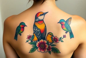 Mom bird and three baby birds with flowers tattoo idea