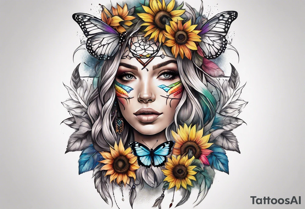 arm sleeve with dreamcatcher, rainbow sunflowers and one butterfly tattoo idea