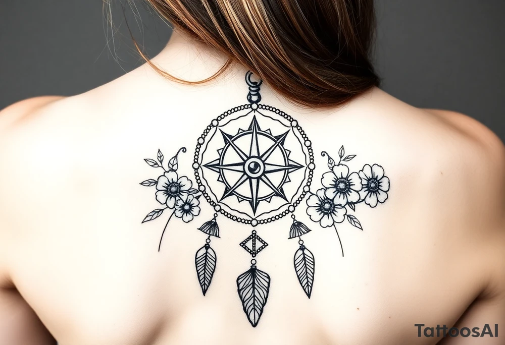Boho dream catcher with compass and anchor Beautiful flowers and an ornamental chandelier like look tattoo idea