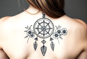 Boho dream catcher with compass and anchor Beautiful flowers and an ornamental chandelier like look tattoo idea
