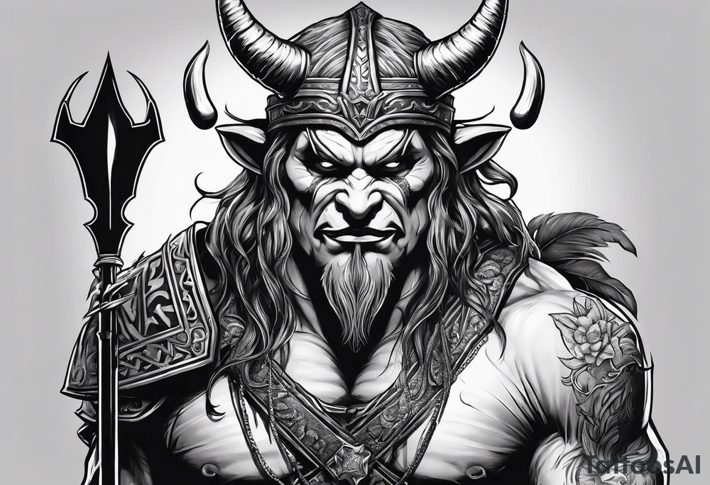 Black and white Caesar looking devil with a pitchfork tattoo idea