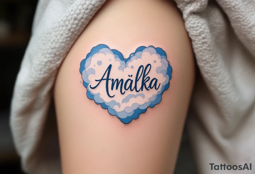 A heart shaped from soft clouds in baby blue, holding the name Amálka in gentle script. tattoo idea