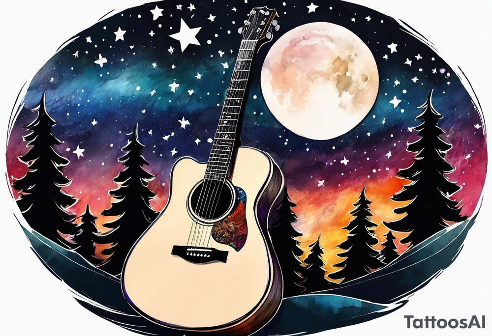 acoustic black guitar made out of trees and a night sky with a bright star tattoo idea