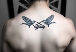 Infinity symbol with birds and the name Tiffany attached to the symbol tattoo idea