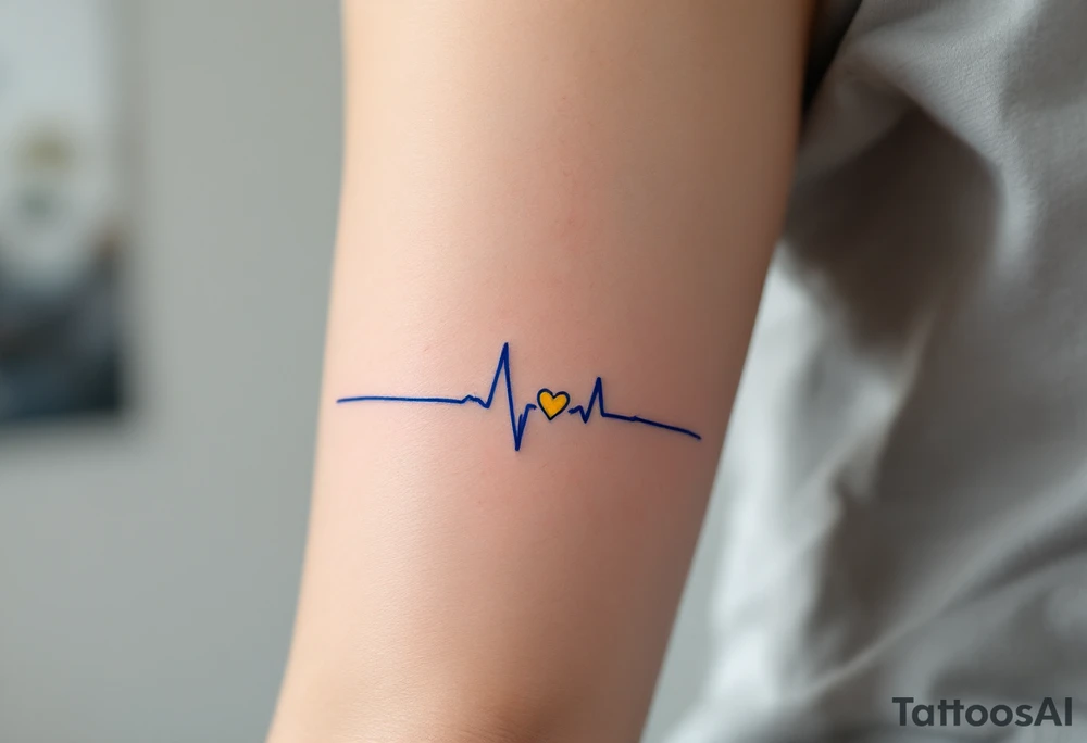 A blue EKG tattoo around the arm with a bright yellow heart, capturing the pulse of love and happiness. tattoo idea