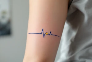 A blue EKG tattoo around the arm with a bright yellow heart, capturing the pulse of love and happiness. tattoo idea