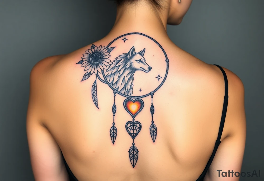 A Cresent moon dream catcher with sunflower, wolf, Harry potter, star wars, unicorn, fire heart all in one tattoo idea