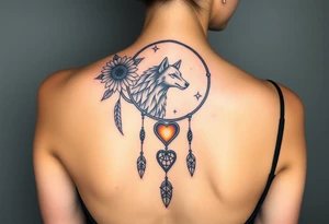 A Cresent moon dream catcher with sunflower, wolf, Harry potter, star wars, unicorn, fire heart all in one tattoo idea