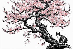 elongated cherry blossom branch meeting with a dying pine tree with hidden cute demon cat tattoo idea