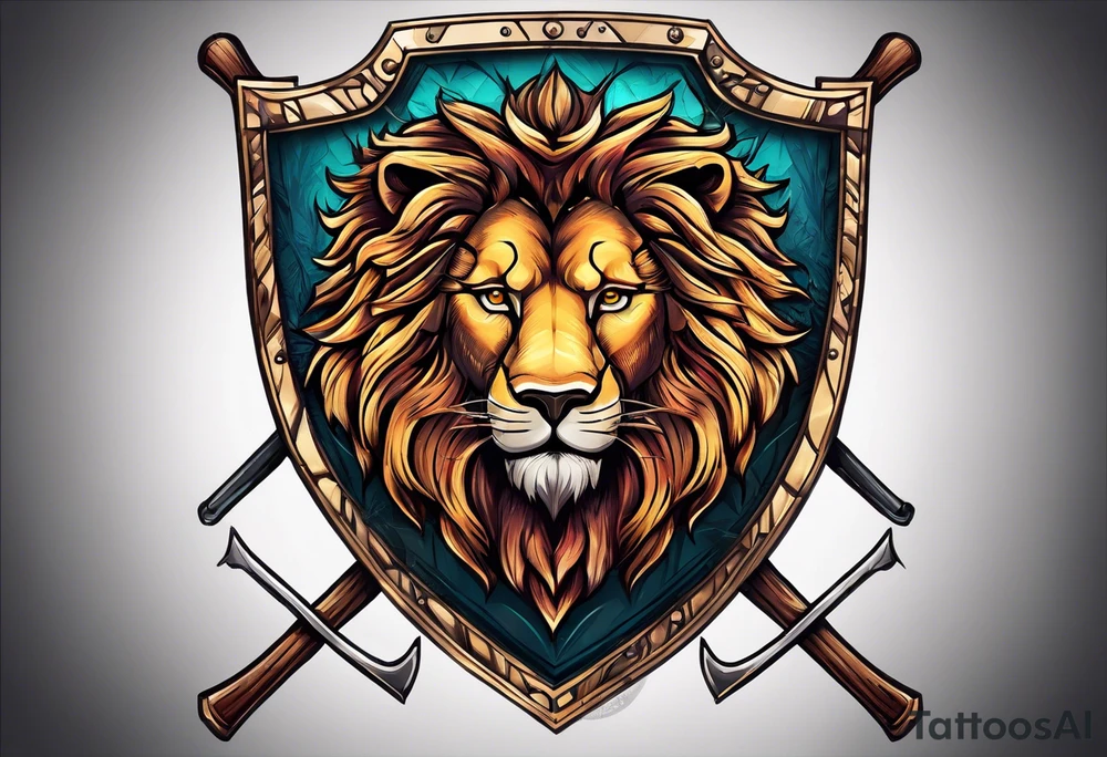 Epic shield with skis crossed behind it and a lion tattoo idea