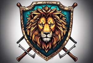 Epic shield with skis crossed behind it and a lion tattoo idea