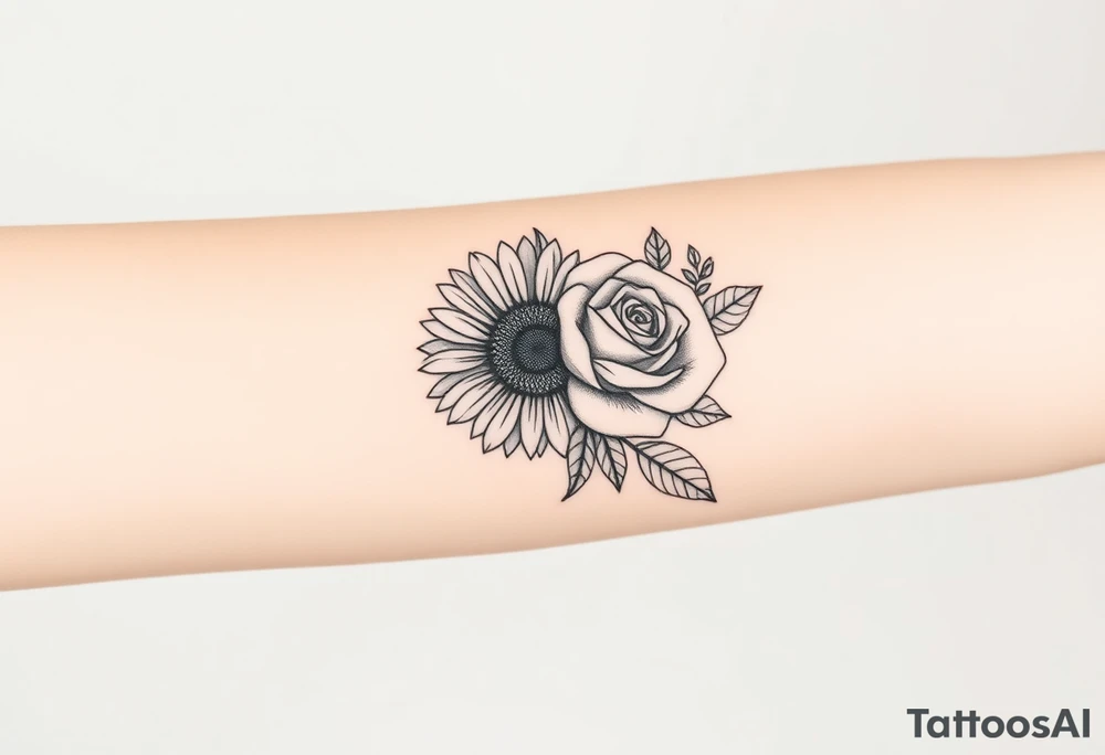 A single symmetrical flower composed of a sunflower on the left half and a rose on the right half, split perfectly down the middle. Surrounding the flower are greenery and leaves. This tattoo is for a woman's arm, so it should also extend vertically. The overall style is minimalist and elegant, with fine lines and no shading or color. tattoo idea