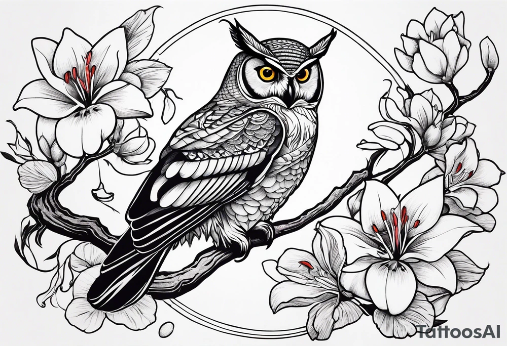 Owl, hummingbird, loon, lily tattoo idea