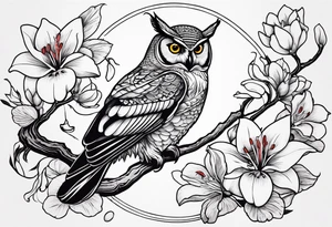 Owl, hummingbird, loon, lily tattoo idea