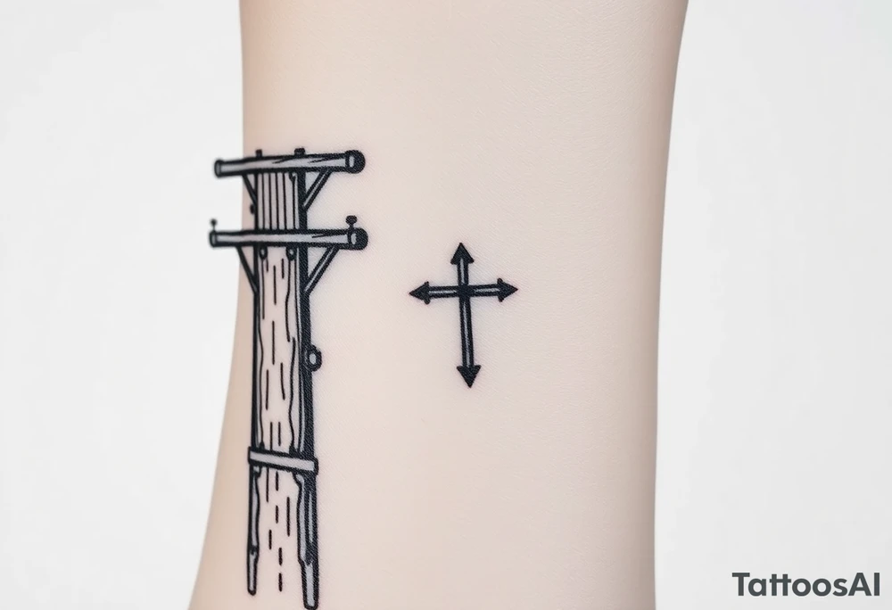 a wooden 12kv distribution pole with electrical lines. Make the pole a cross that has a hidden resemblance to god. tattoo idea