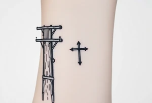 a wooden 12kv distribution pole with electrical lines. Make the pole a cross that has a hidden resemblance to god. tattoo idea
