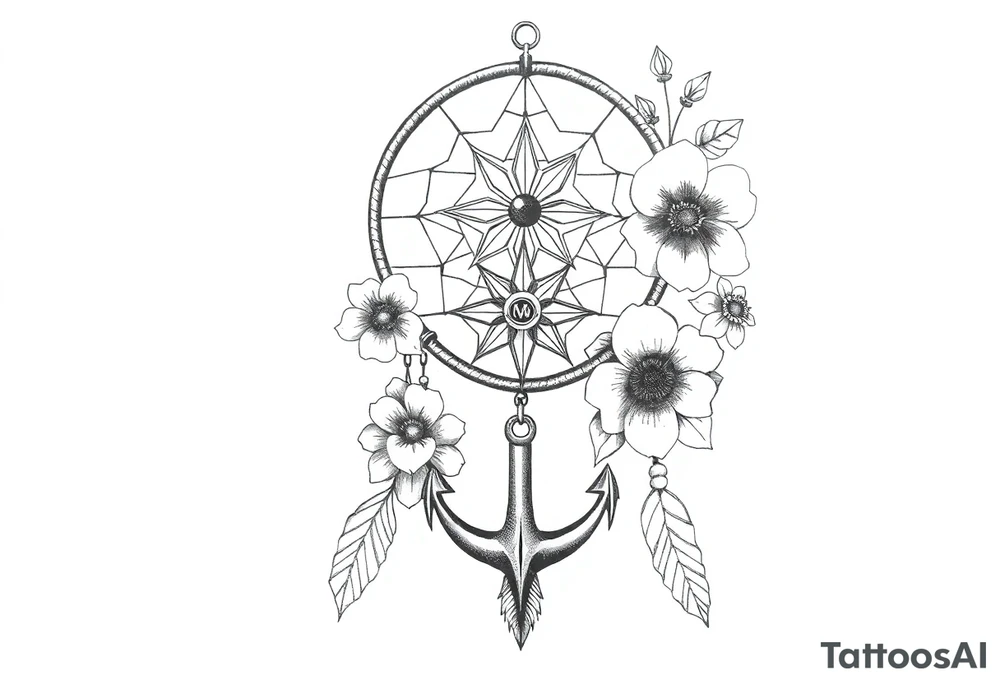 dream catcher with compass and anchor Beautiful flowers and boho like look tattoo idea