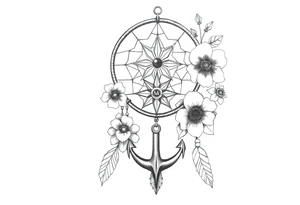 dream catcher with compass and anchor Beautiful flowers and boho like look tattoo idea