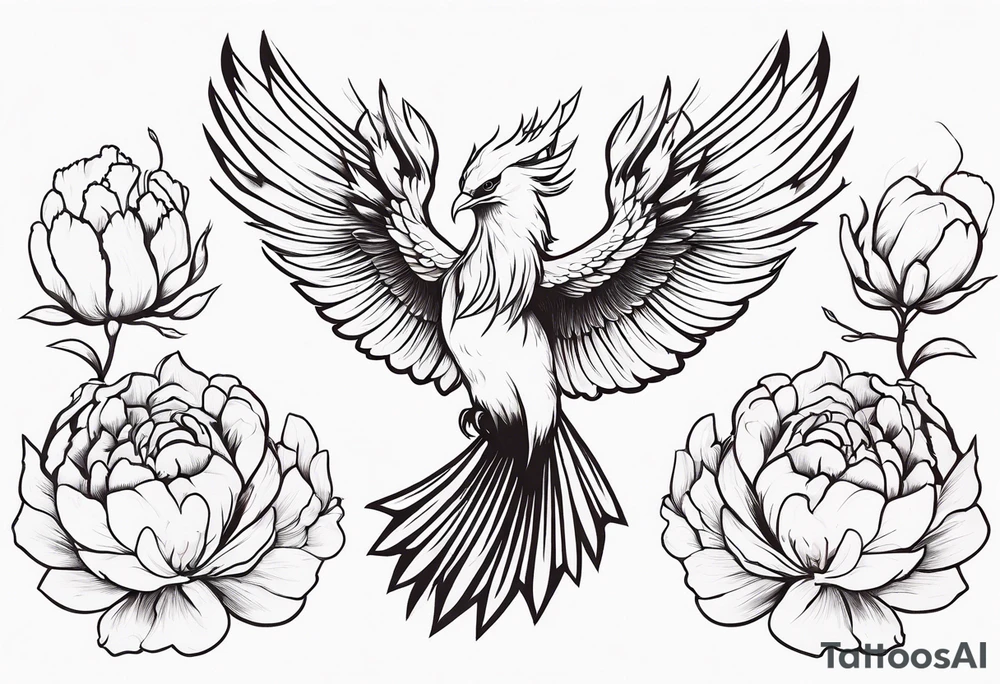 minimalist pheonix in flight with peonies in claws tattoo idea