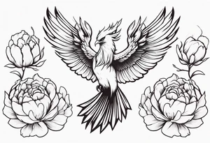 minimalist pheonix in flight with peonies in claws tattoo idea