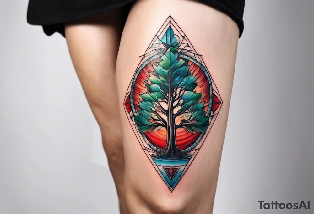 geometric style tattoo on knee with baby blue, red, and green accents. tree tattoo idea