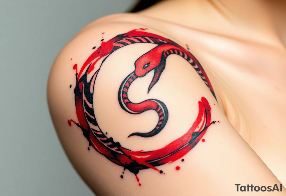 An ink-splattered Ouroboros snake forming cyrcle, appearing as if it was painted in bold brush strokes of deep red and black, symbolizing artistic chaos and creation. tattoo idea