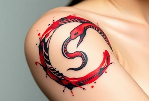 An ink-splattered Ouroboros snake forming cyrcle, appearing as if it was painted in bold brush strokes of deep red and black, symbolizing artistic chaos and creation. tattoo idea