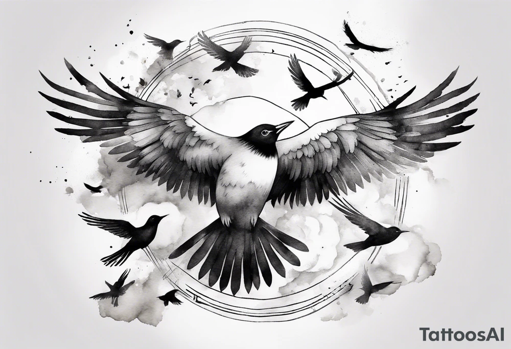 shoulder tattoo with light rays with birds flying free among the clouds, round shape, 3d effect tattoo idea