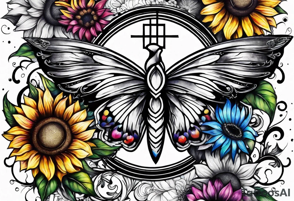 arm sleeve with winged cross, rainbow sunflowers and butterflies tattoo idea