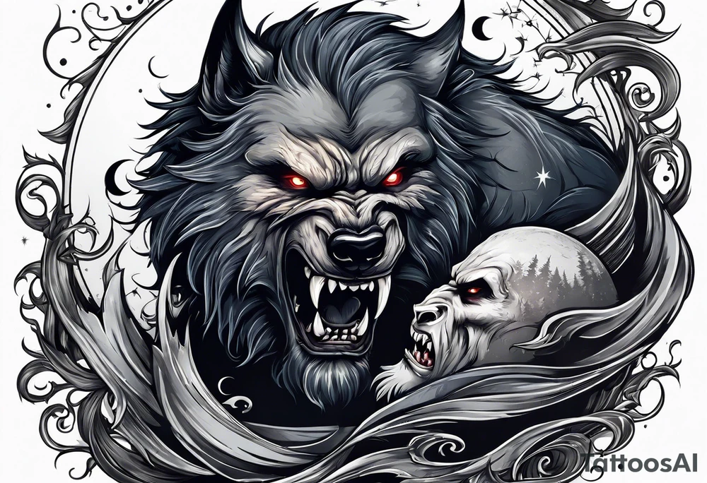 Muscular werewolf fighting a vampire under the moon tattoo idea