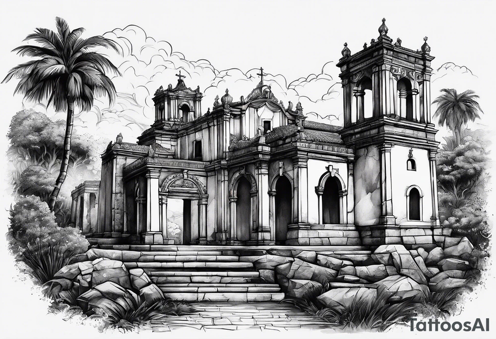 Ruinas de Sao Miguel no Rio Grande do Sul com um gaúcho montado a cavalo tattoo idea
