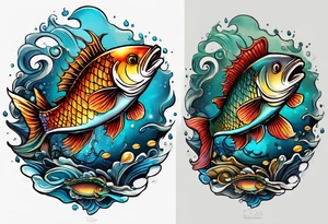 "A large fish riding on top of tank treads, highly detailed and realistic, with vibrant colors and a mechanical background." tattoo idea