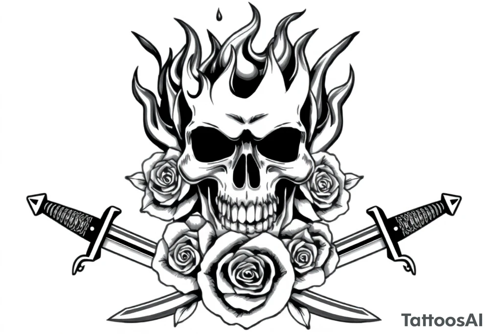 Skull engulfed in flames, crossed swords behind, blooming roses. tattoo idea