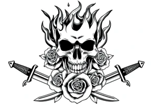 Skull engulfed in flames, crossed swords behind, blooming roses. tattoo idea