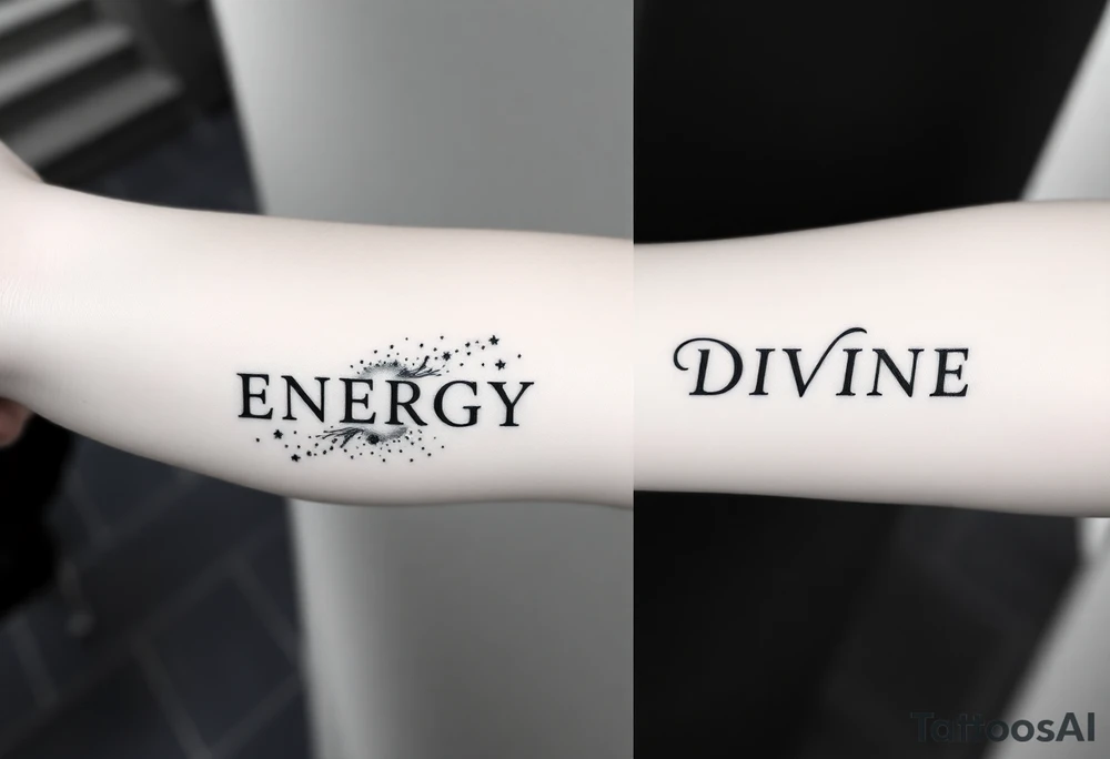 Two minimalist blackwork dotwork tattoos featuring the word ‘ENERGY’ on the left arm, balancing with ‘DIVINE’ on the right arm. Surrounding ‘ENERGY’ is a nebula or cosmic wind or stardust or a comet, designed with intricate dot shading and fine linework. The tattoo is realistic yet subtle, creating a cosmic, ethereal feel while keeping a clean, minimalist aesthetic. The elements flow naturally, complementing the shape of the arm without overpowering the text. tattoo idea