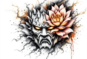 Burnt hannya mask with lotus flower on bakcdrop tattoo idea