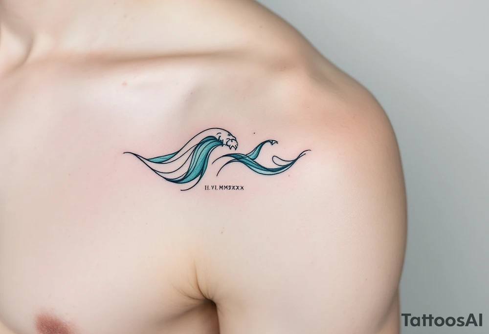 Fine-line II.VI.MMXX in dark ink on the inner bicep, with stylized waves in desaturated teal flowing beneath. tattoo idea