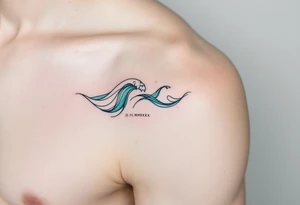 Fine-line II.VI.MMXX in dark ink on the inner bicep, with stylized waves in desaturated teal flowing beneath. tattoo idea