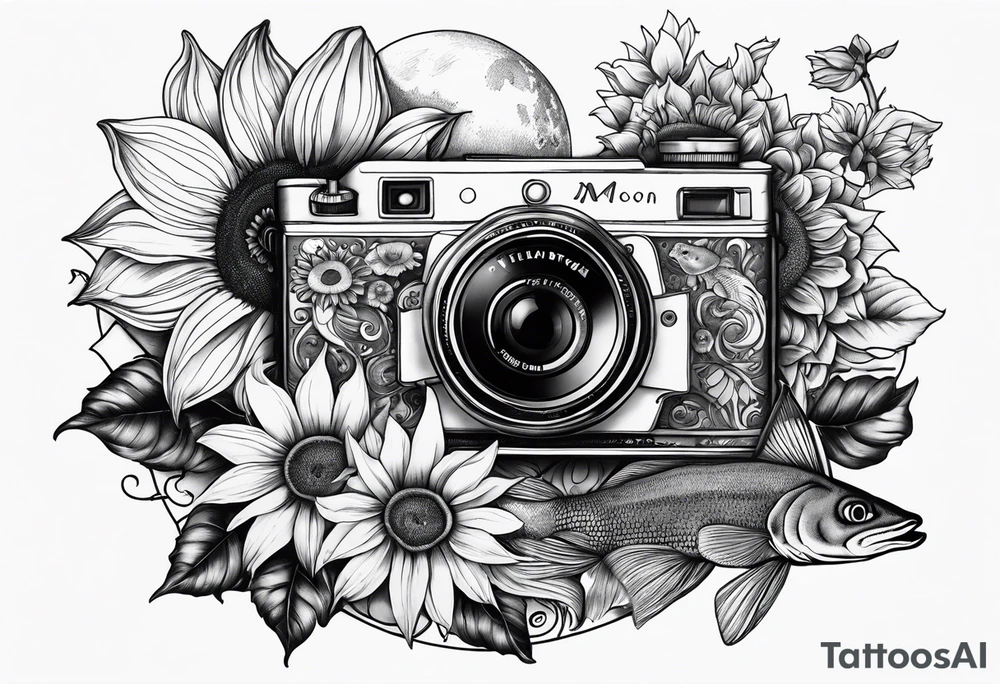 sunflower, camera, fish, moon tattoo idea