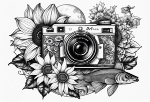 sunflower, camera, fish, moon tattoo idea