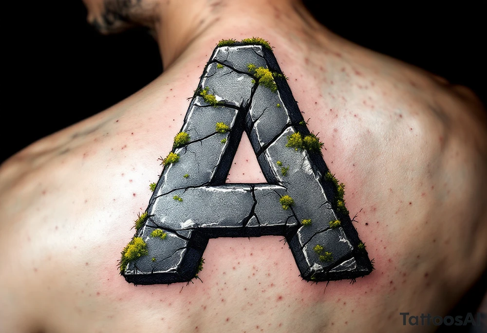A cracked stone "A" in granite gray with mossy green details. tattoo idea
