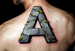 A cracked stone "A" in granite gray with mossy green details. tattoo idea