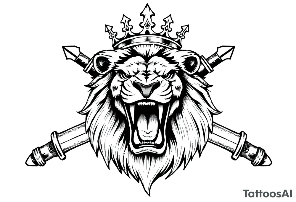 Fierce lion roaring, crown tilted, crossed swords framing its head. tattoo idea