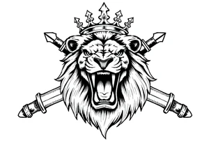 Fierce lion roaring, crown tilted, crossed swords framing its head. tattoo idea
